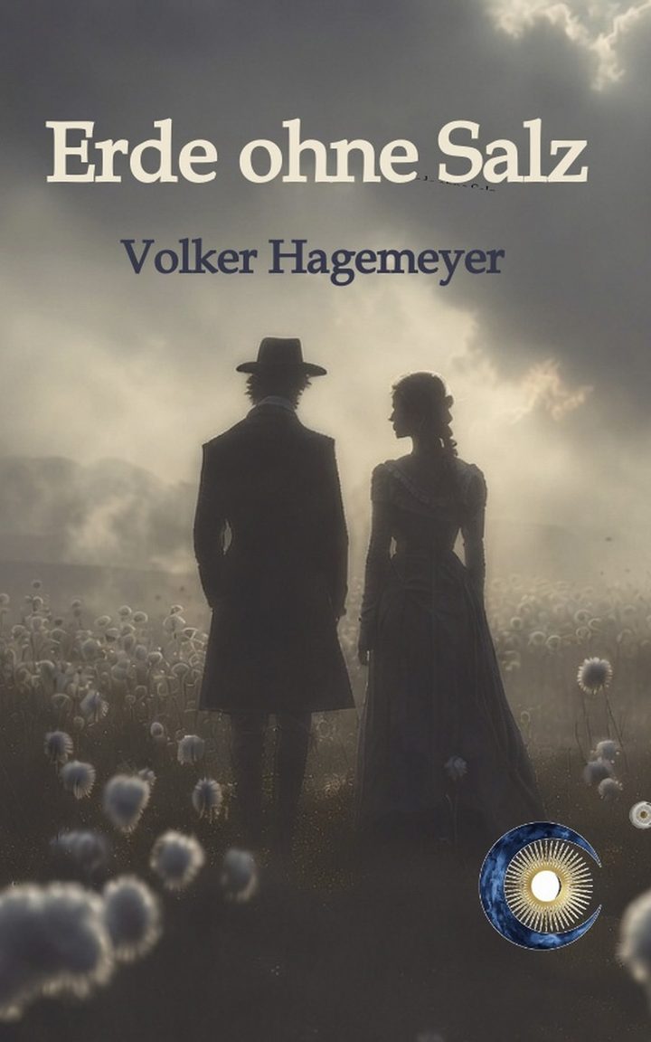 Buchcover „Erde ohne Salz“ von Volker Hagemeyer: ein Paar im Nebel über einem Moor voller Wollgras